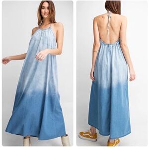 EASEL Long Chambray Halter Low Ombré Back Flowy Maxi Dress Size Medium